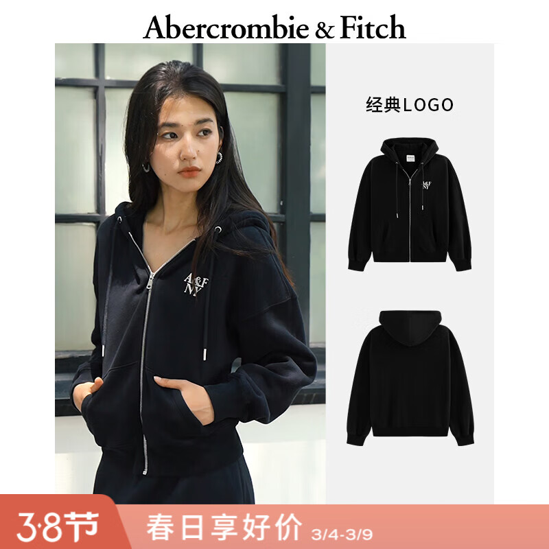 Abercrombie &amp; Fitch美式时尚百搭LOGO抓绒拉链连帽卫衣外套25秋冬女装152-5249 黑色 M (165/96A)