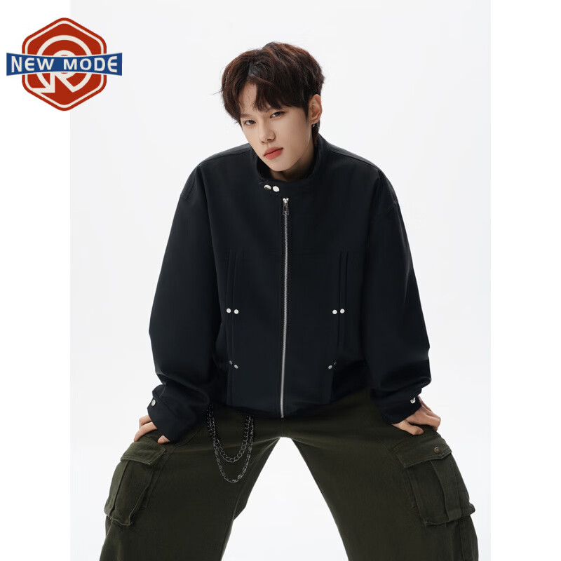 NEW OR MODE美式潮牌立领夹克男春秋新款宽松休闲铆钉设计青少年痞帅百搭外套 黑色【高品质】 M 【建议90-110斤】
