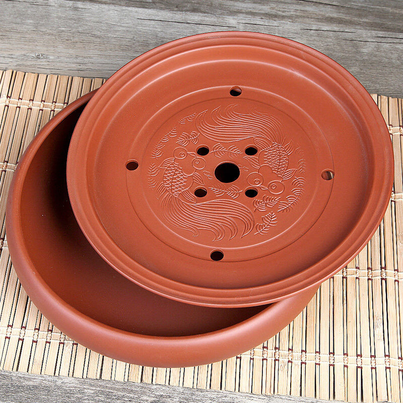 功夫茶海茶台紫砂大茶盘陶瓷茶具简约家用圆形茶托盘储水小号 红色双鱼(13英寸33cm)