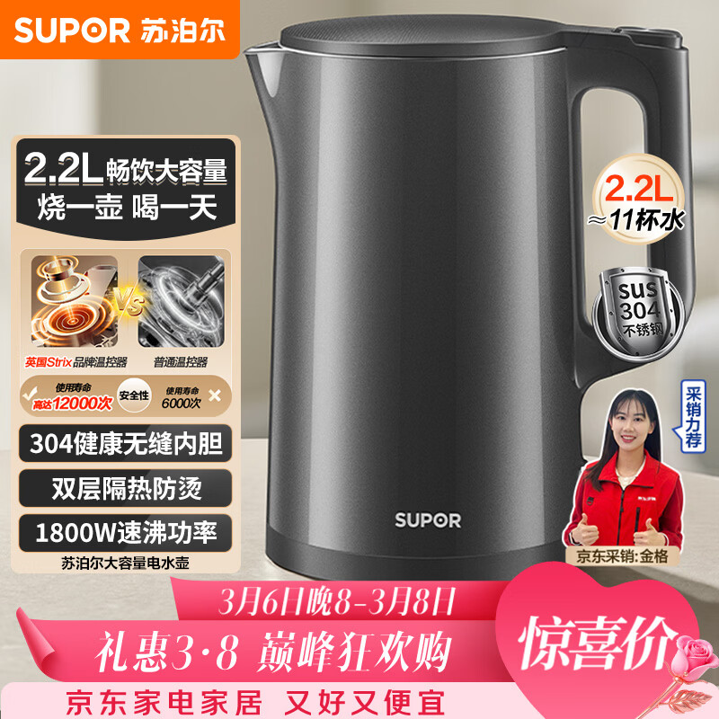 苏泊尔（SUPOR）热水壶烧水壶电水壶 2.2L大容量 全钢无缝 双层防烫电热水壶 304不锈钢 1800W大功率 SW-22J05A