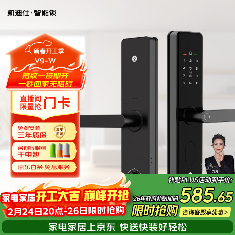 凯迪仕（KAADAS）智能门锁 指纹识别 防盗门锁密码锁 入户门电子智能锁 V9-W
