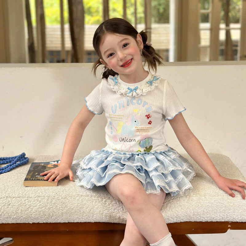 栀了成长记女童装甜美花边修身上衣2026春季儿童新款时髦短袖T恤 白色 上衣 110 cm