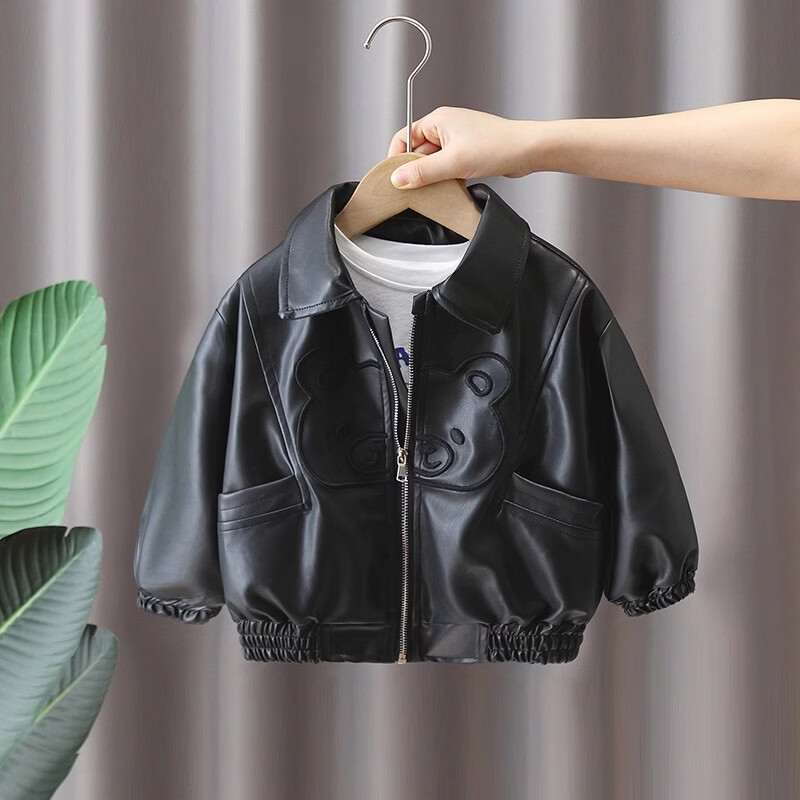 男女童春秋装皮衣外套2026儿童卡通休闲衣服宝宝网红洋气夹克加绒 黑色皮衣【春秋款】 140 尺码【建议身高135厘米左右】