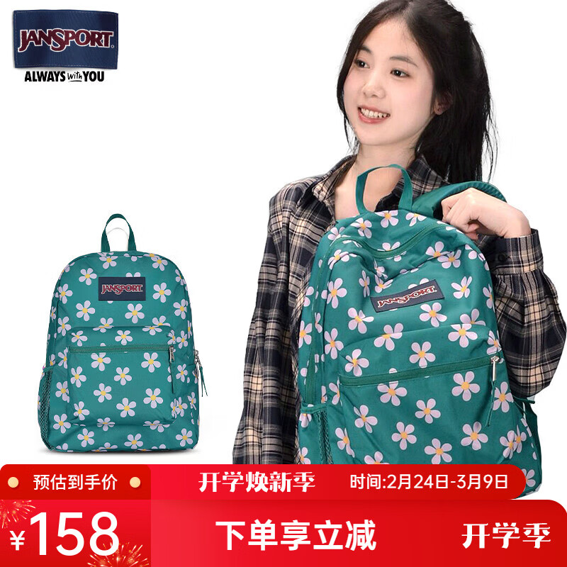 JANSPORT杰斯伯双肩包女学生男包运动休闲背包书包花色47LW 【微瑕】 微瑕-47LWXS6-缀花蓝-水杯侧袋