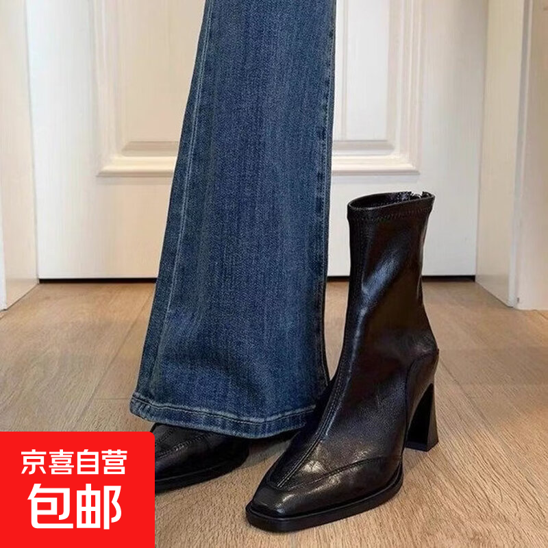 新款2026秋冬高跟复古方头短靴女粗跟英伦风单靴瘦瘦靴马丁靴短筒 黑色单里 36