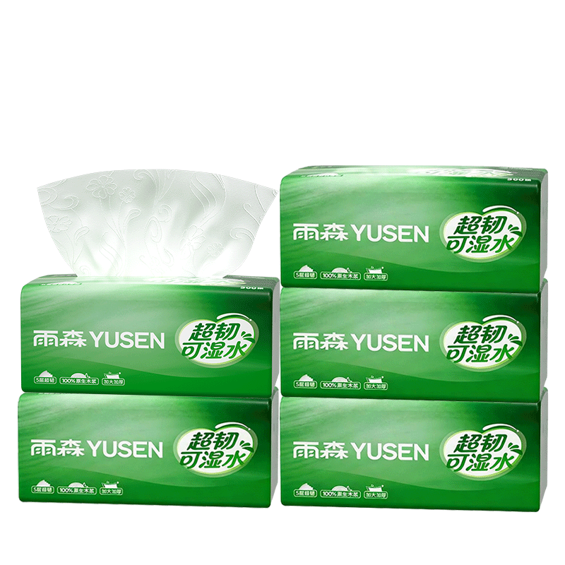 雨森超韧可湿水抽纸5层加厚家用抽纸餐巾纸大包纸抽100%原生木浆 5层 100抽*5包 【新品】