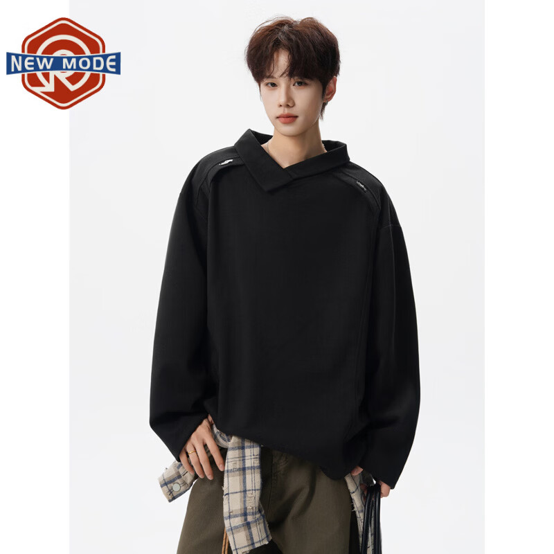 NEW OR MODE老钱风复古拼接翻领卫衣男春秋新款美式宽松高级感百搭长袖上衣服 黑色【高品质】 M 【建议90-110斤】