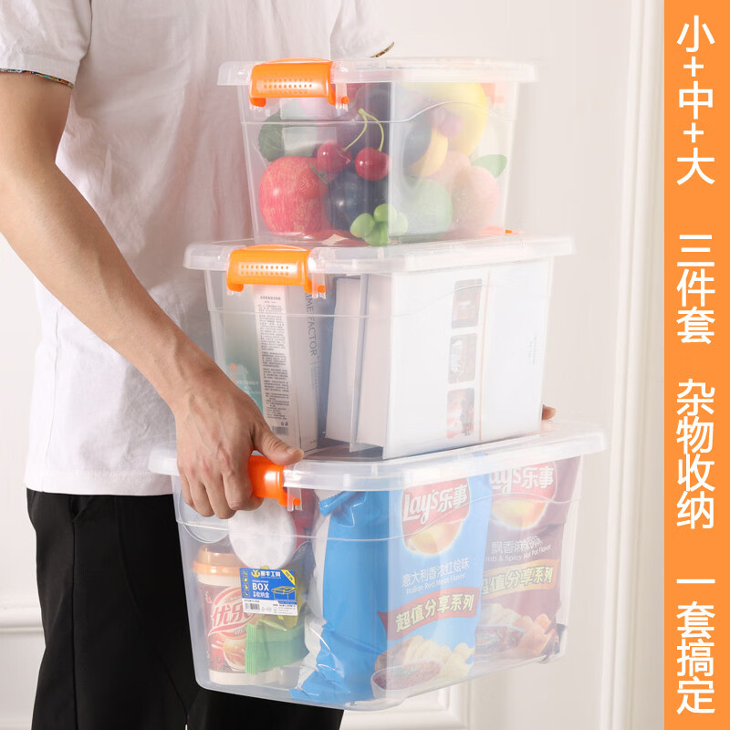 溥畔透明材质加厚塑胶收纳箱 手提整理箱 玩具储物盒 小号(长28宽20高16.5厘米) 高透明PP