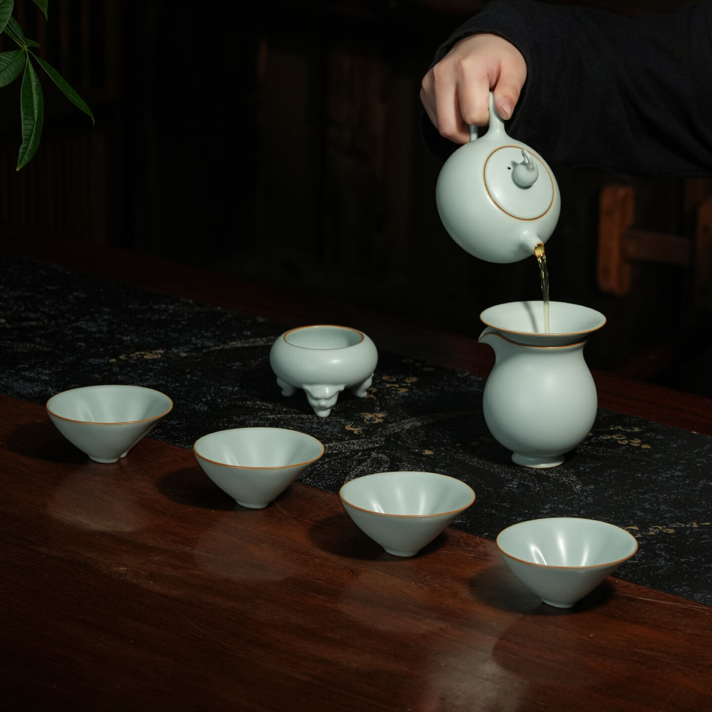 仁慈佑物整套茶具套装 天青色手工汝窑 景德镇产 礼盒装福禄乾坤套装 福禄乾坤茶组7件套 不开片汝窑