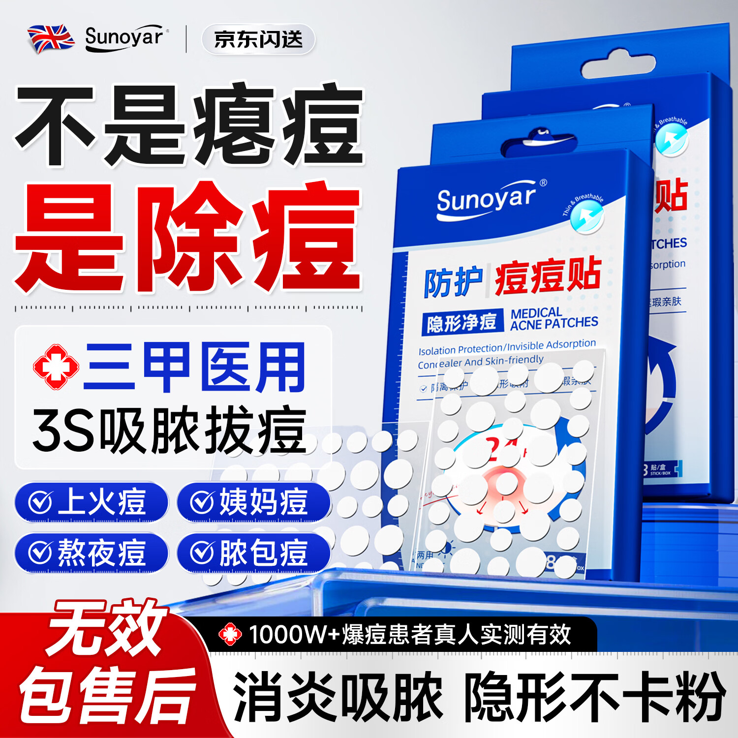 Sunoyar痘痘贴消炎吸脓医用隐形人工皮轻薄遮瑕祛痘淡化痘印108贴1盒