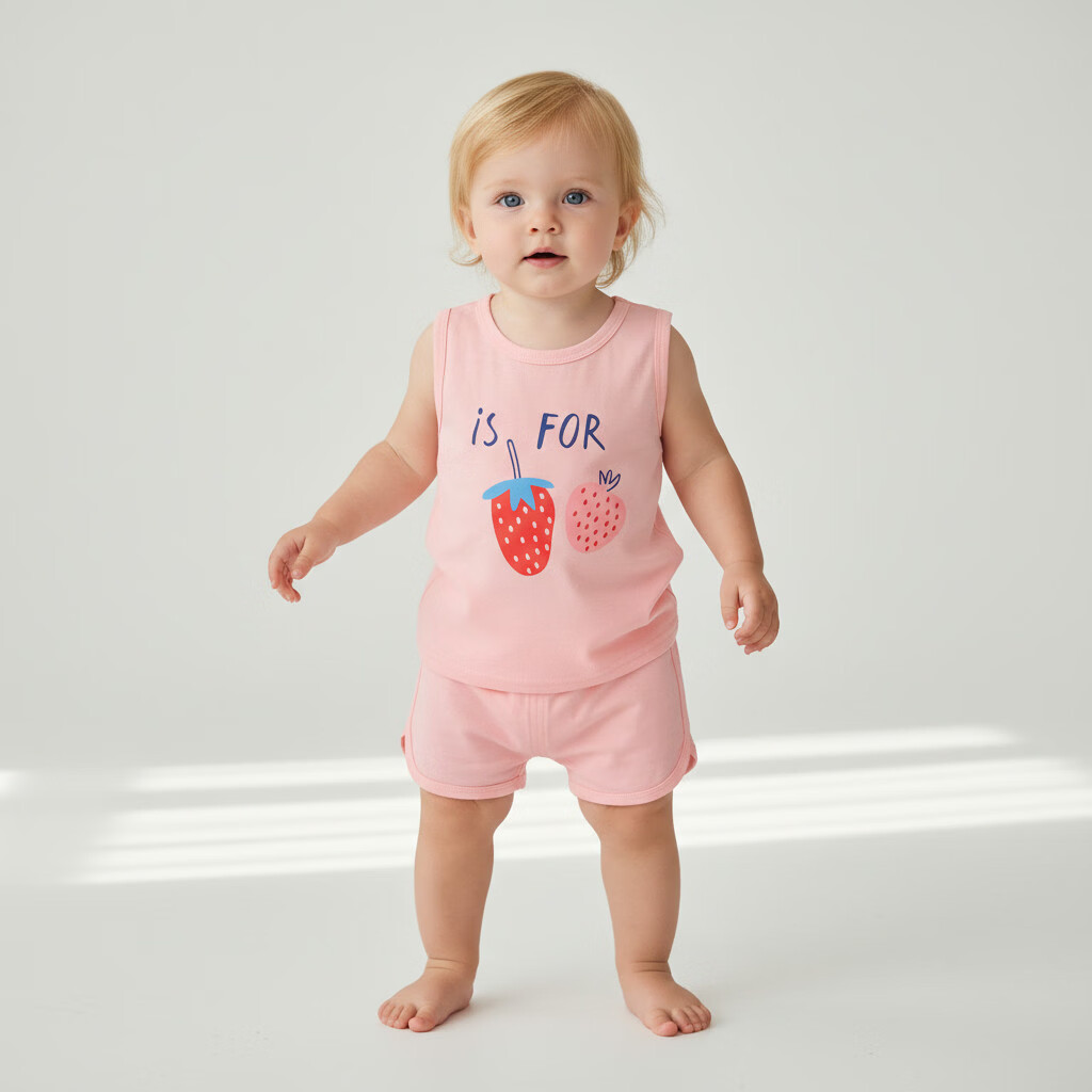 小猪大卫 PECODAVID小猪大卫儿童七分套夏季纯棉A类男女宝宝居家服薄款短袖短裤套装 果韵草莓 背心套 90