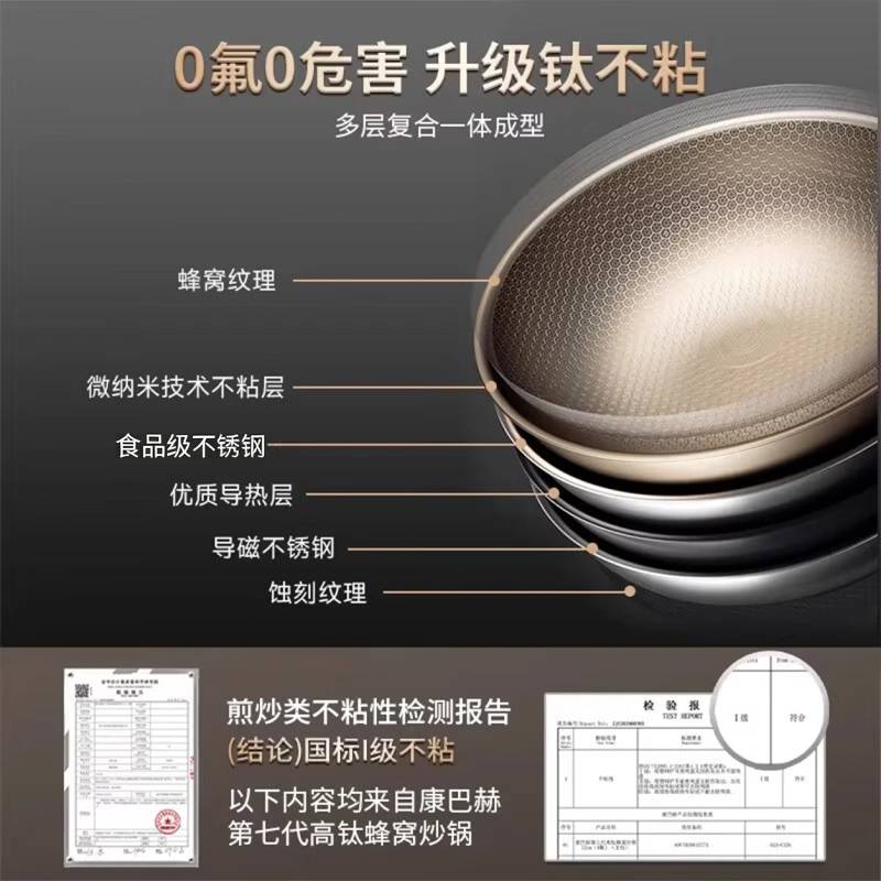 康巴赫（KOBACH）炒锅钛0氟涂层蜂窝不粘锅家用不锈钢平底炒菜锅电磁炉燃气通用 【0氟有钛 不锈不粘】 32cm