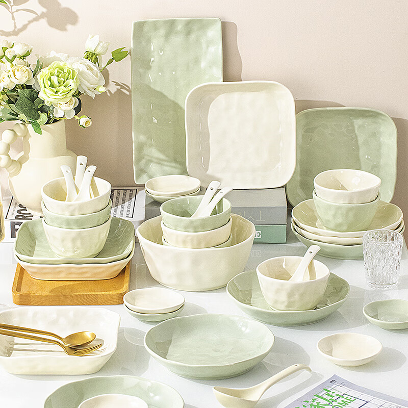 精缔陶瓷JINGDI釉下彩奶油2026新款碗碟套装家用高颜值碗盘碗具乔迁陶瓷餐具套装 【80%用户购买】奶黄绿混搭十人食53件 【送砂锅】