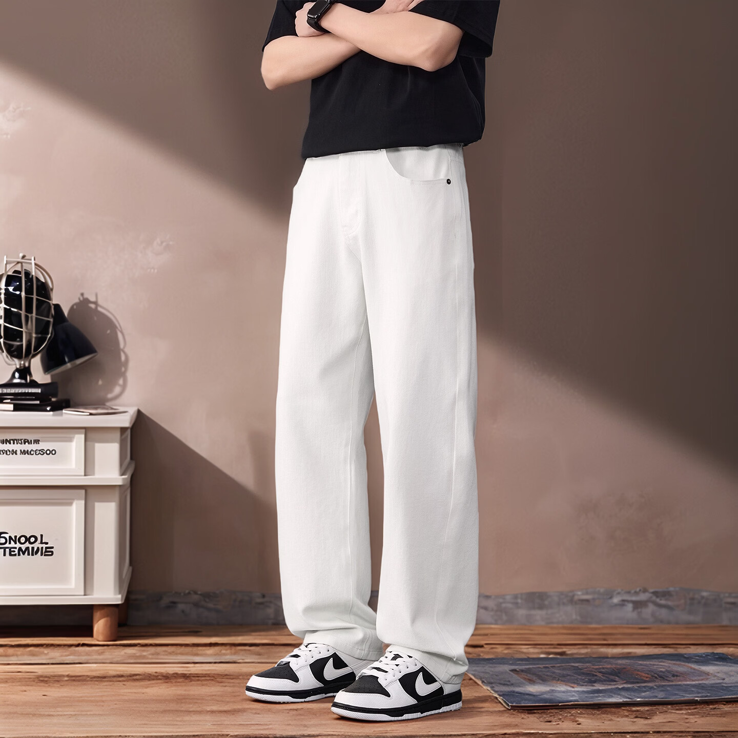 美式重磅cleanfit白色牛仔裤男直筒宽松百搭四面弹阔腿春夏休闲裤 米白 8707 36  建议186-195斤