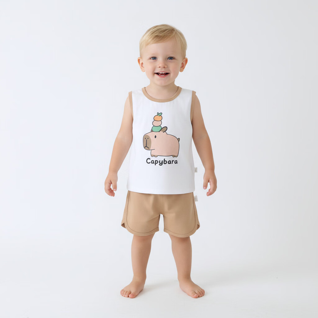 小猪大卫 PECODAVID小猪大卫儿童七分套夏季纯棉A类男女宝宝居家服薄款短袖短裤套装 卡皮巴拉 背心套 90