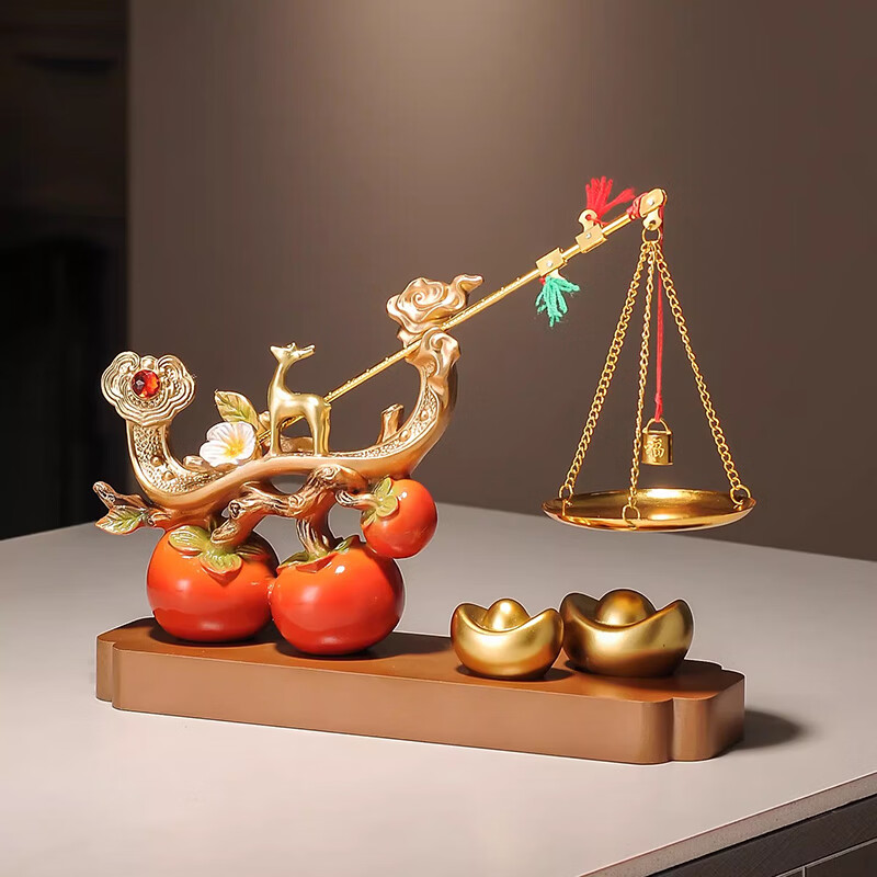 赟娅事事如意柿子桌面摆件入户玄关新中式家居陶瓷装饰品乔迁高档礼物 柿柿称心如意【底座+金鹿+躺赚猫】