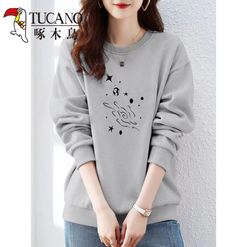 啄木鸟（TUCANO）2026新款圆领纯.棉卫衣女宽松百搭简约春秋 白星空-藏蓝色【不加绒】 S 【建议70-100斤】