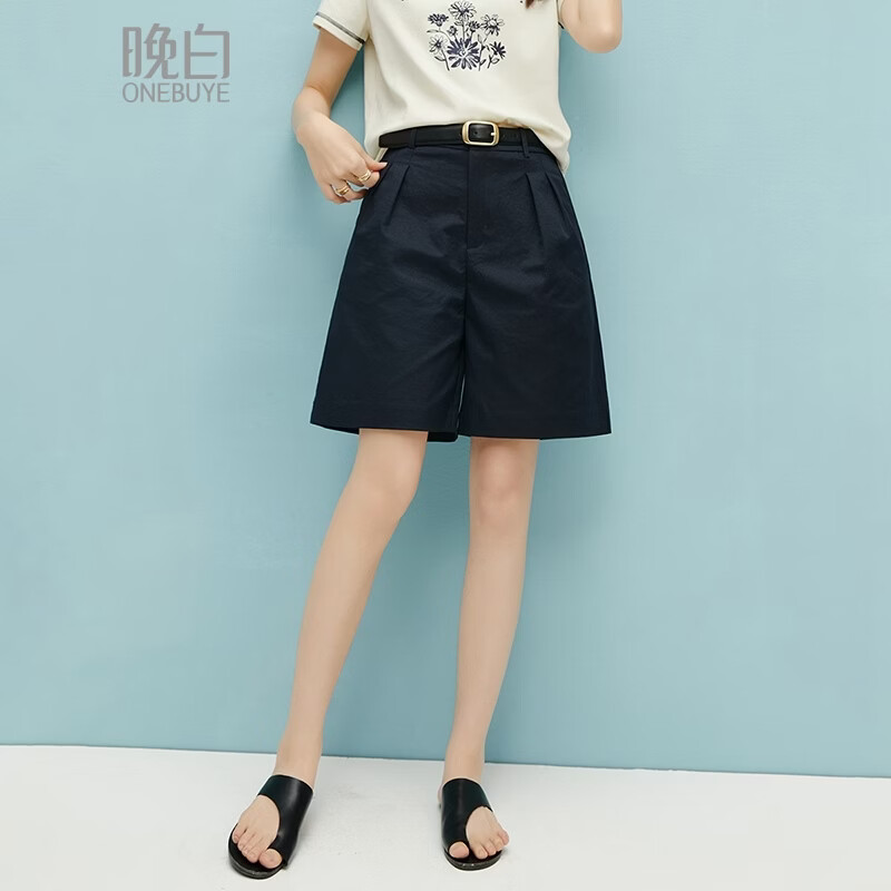 晚白【新品】2026年春款时尚高腰裤子遮肉显瘦阔腿短裤女【不含腰带】 深蓝色 29