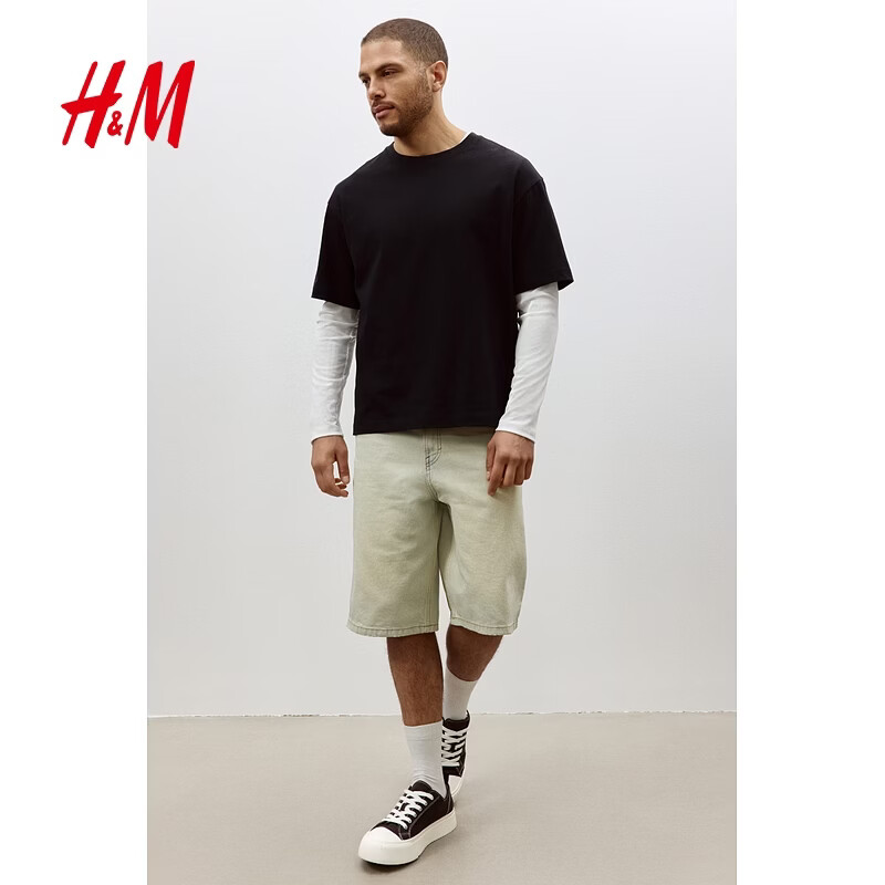 H&amp;M男装女装T恤春季重磅柔软舒适美式潮流情侣装短袖上衣0608945 黑色 L 175/108（建议尺码拍小一码）