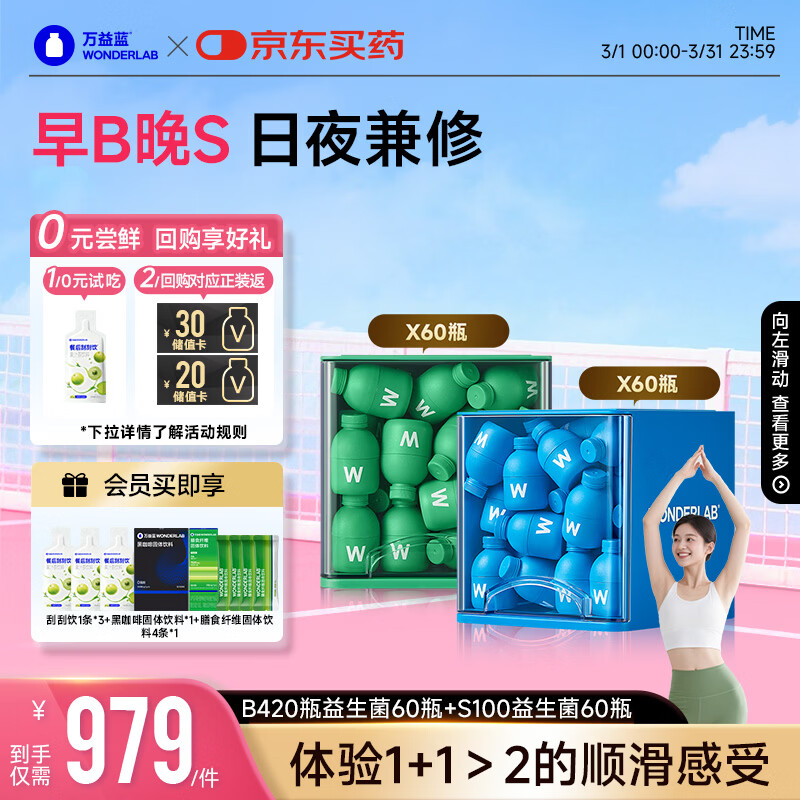 万益蓝WonderLab 早B晚S组合120瓶 B420益生菌S100益生元棕色脂肪男女