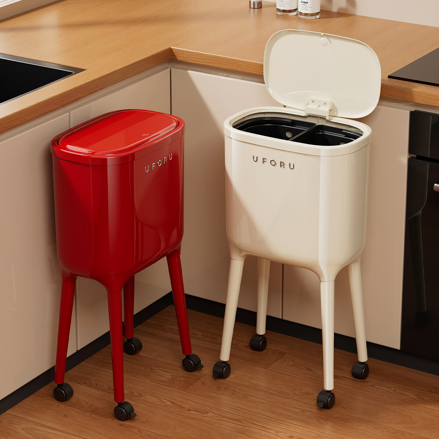 纳份爱厨房高脚垃圾桶干湿分离免弯腰家用大号2026新款大容量夹缝垃圾桶 16L 高脚-奶油白【内外双桶/干湿分离】