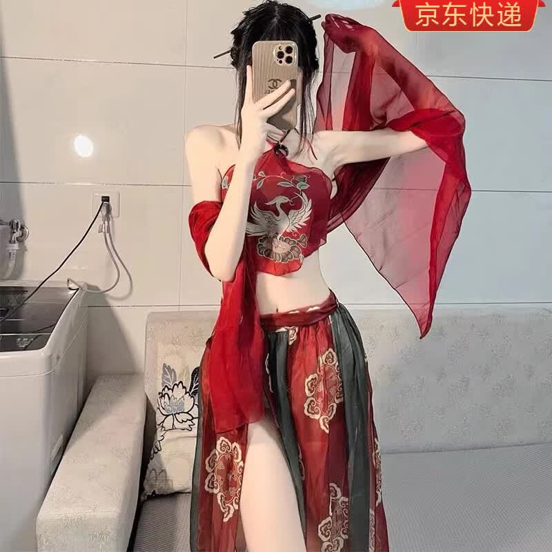 曼烟汉服睡衣暴露女装宫廷款超仙公主古装贵妃性感古风女古代情调睡裙 飞天舞女【肚兜+披锦+纱裙+T裤】 M 【适合80100斤】