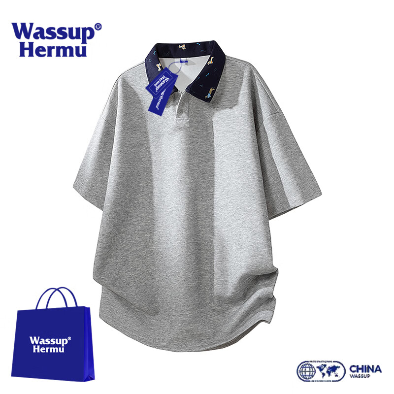 WASSUP HERMU官方短袖套装男夏季休闲运动风T恤撞色腊肠狗印花学生穿搭POLO衫 麻灰上衣 M （推荐80-100斤）