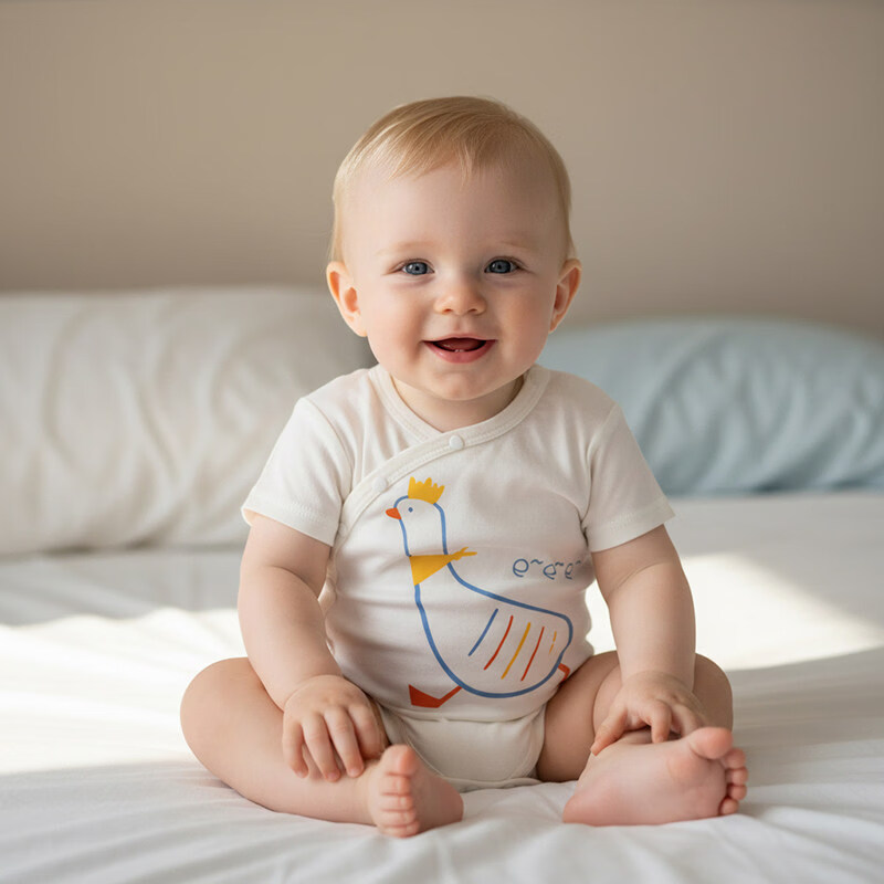 小猪大卫 PECODAVID夏新生婴儿A类纯棉包屁衣男女宝宝短袖对开哈衣爬爬服 鹅鹅鹅 90cm 修身版，按身高，拍大一码