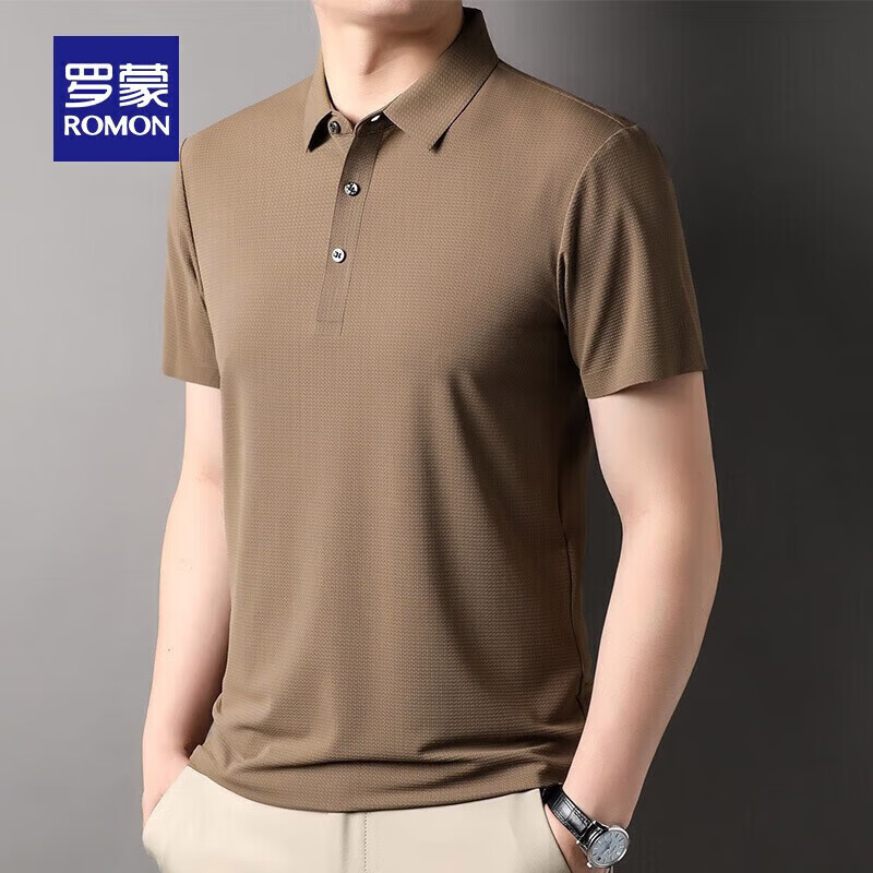 罗蒙(ROMON)【高弹无痕】短袖polo衫男夏季新款泡泡格弹力纯色翻领短袖t恤 G2206深杏 4XL 195/108A(建议195-210斤)