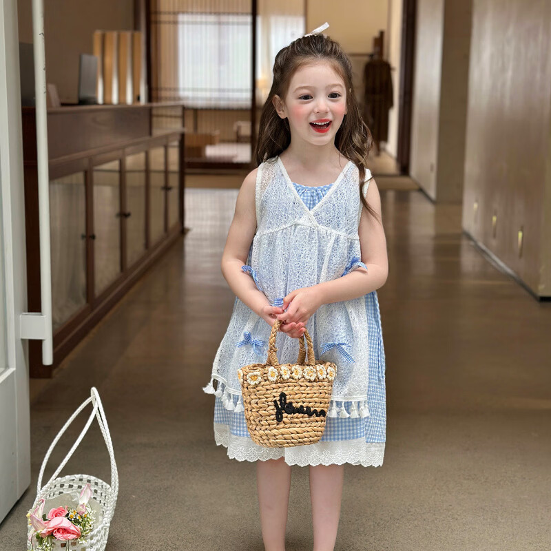 栀了成长记童装女童韩版格子吊带裙2026春季儿童甜美蝴蝶结连衣裙 蓝色 连衣裙 100 cm