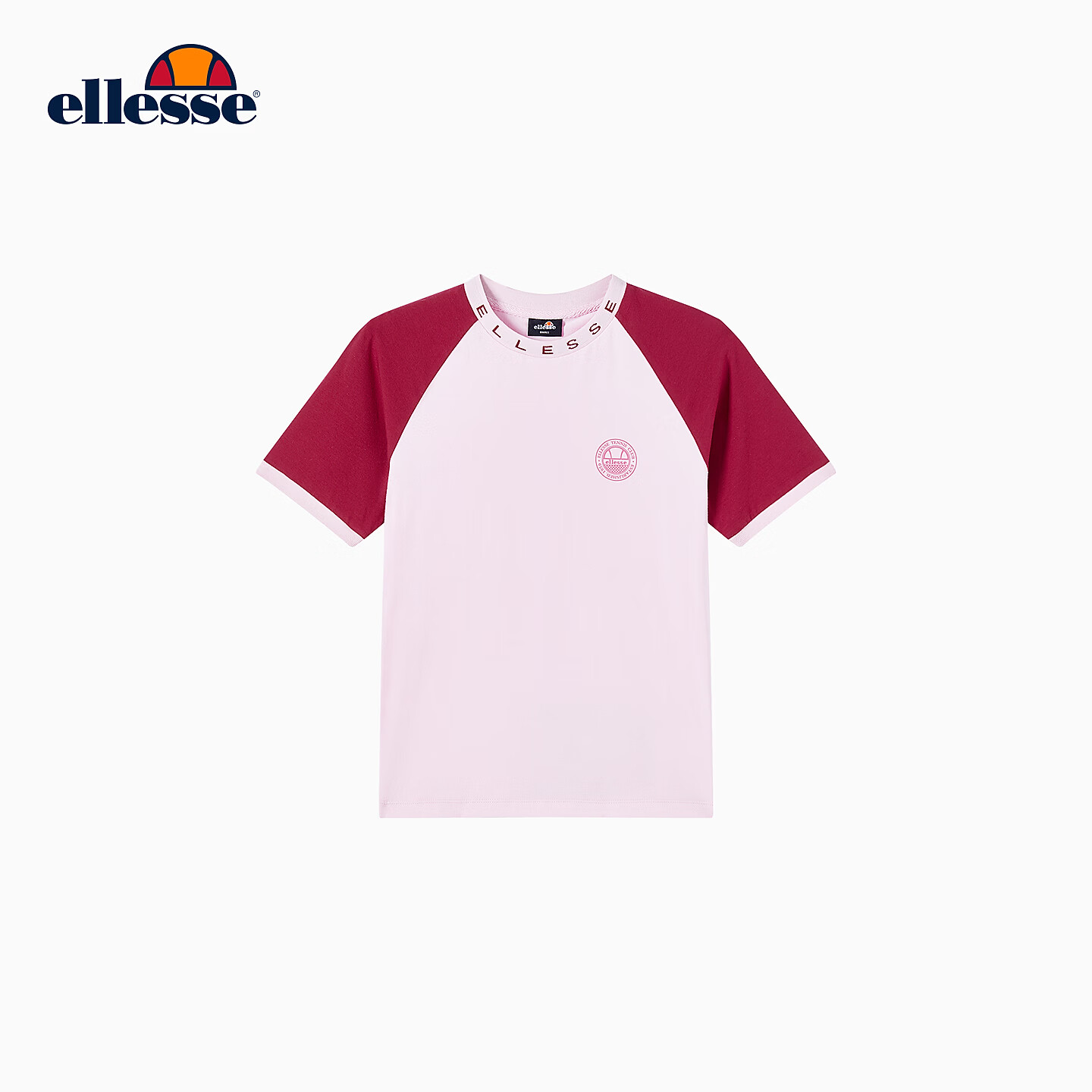 ellesse小贝壳复古撞色拼接修身提花T恤女夏季网球运动短袖上衣女 粉红 M