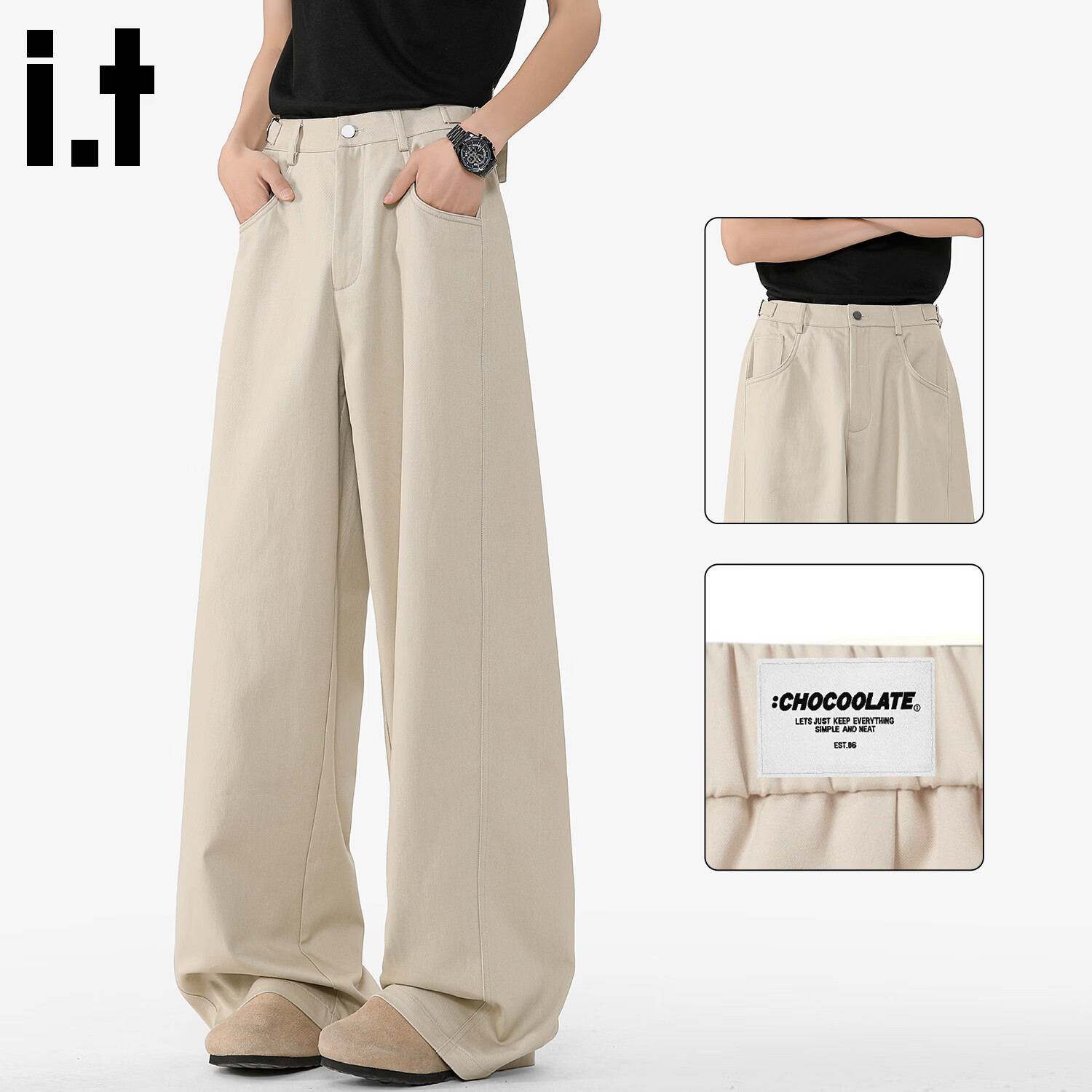 :CHOCOOLATE it男装卡其色直筒休闲裤男2026新款cleanfit潮牌阔腿西装裤子 卡其色 M 【推荐90-115斤】