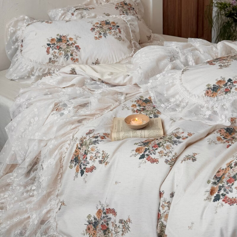 ROLAND LIVE公主风棉麻印花四件套蕾丝花边少女心被套床单四季通用床上用品 YB 棉麻四件套- 一涟 1.5米床 床单款 【被套200*230cm】