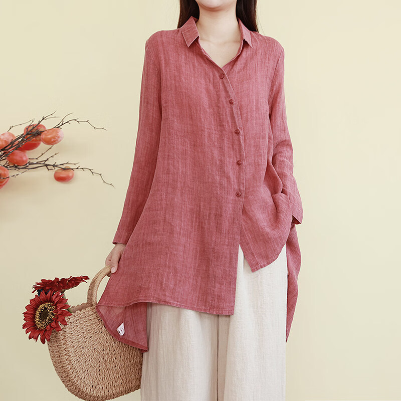 夏典素订女王（SE.PSTP）2026高品质新款高端轻奢大牌文艺纯色棉麻长袖衬衫女春夏中长款不 西瓜红 M 【90-110斤】
