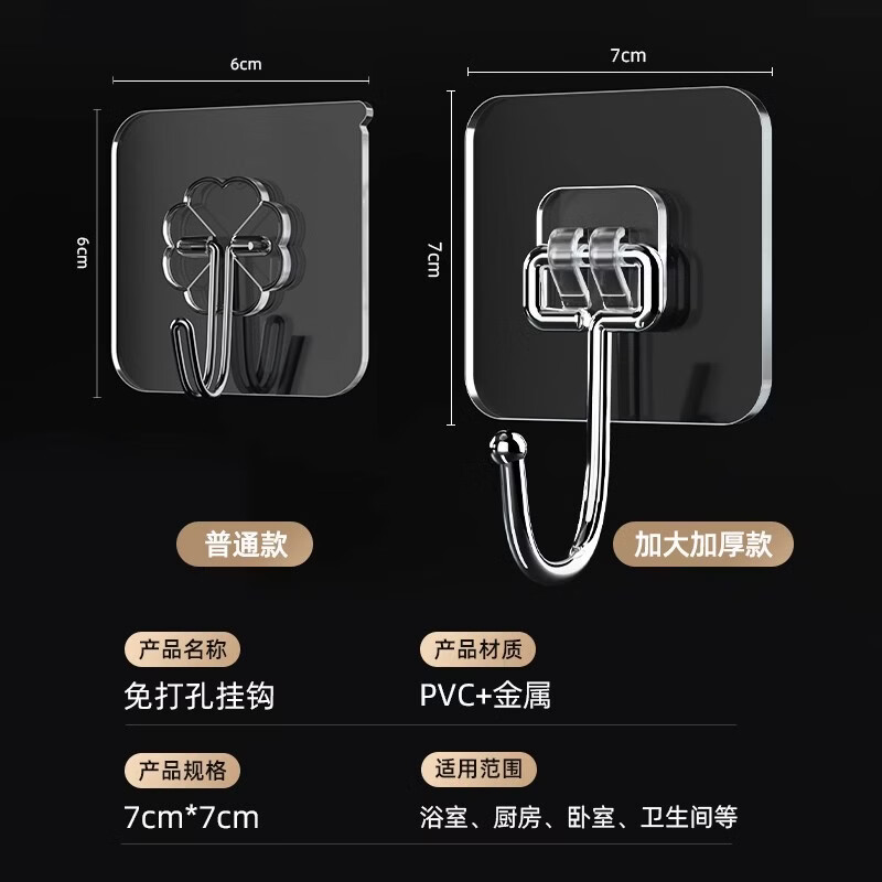 暖居挂钩超强粘力粘钩强力挂钩免打孔无痕挂钩吸盘挂钩卫生间挂钩防水 【加大加厚强承重】透明挂钩20个