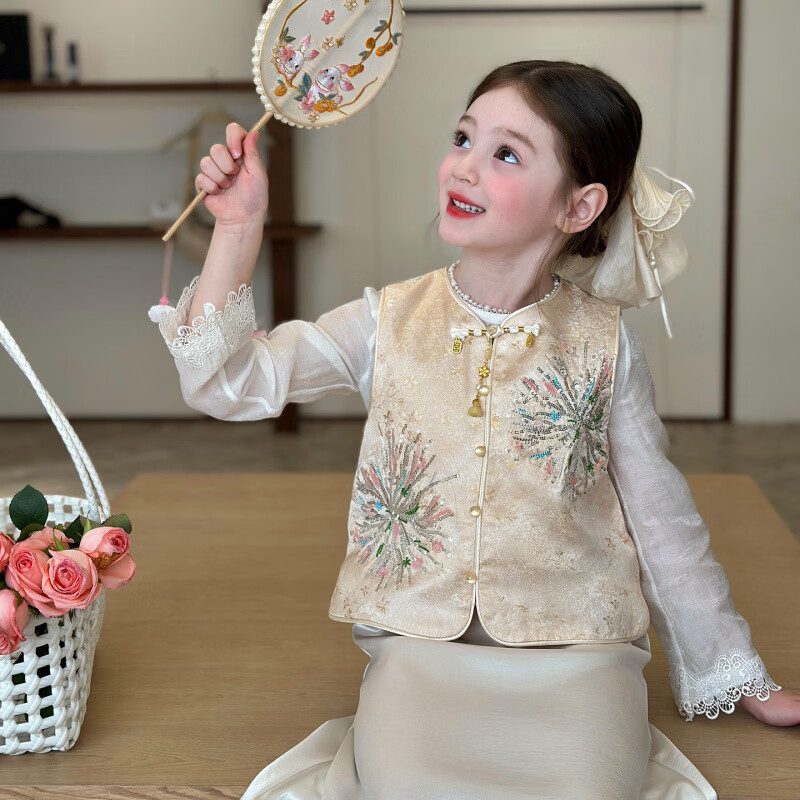 栀了成长记童装女童新中式亮片马甲2026春季儿童新款国风无袖上衣 黄色 马甲 130 cm