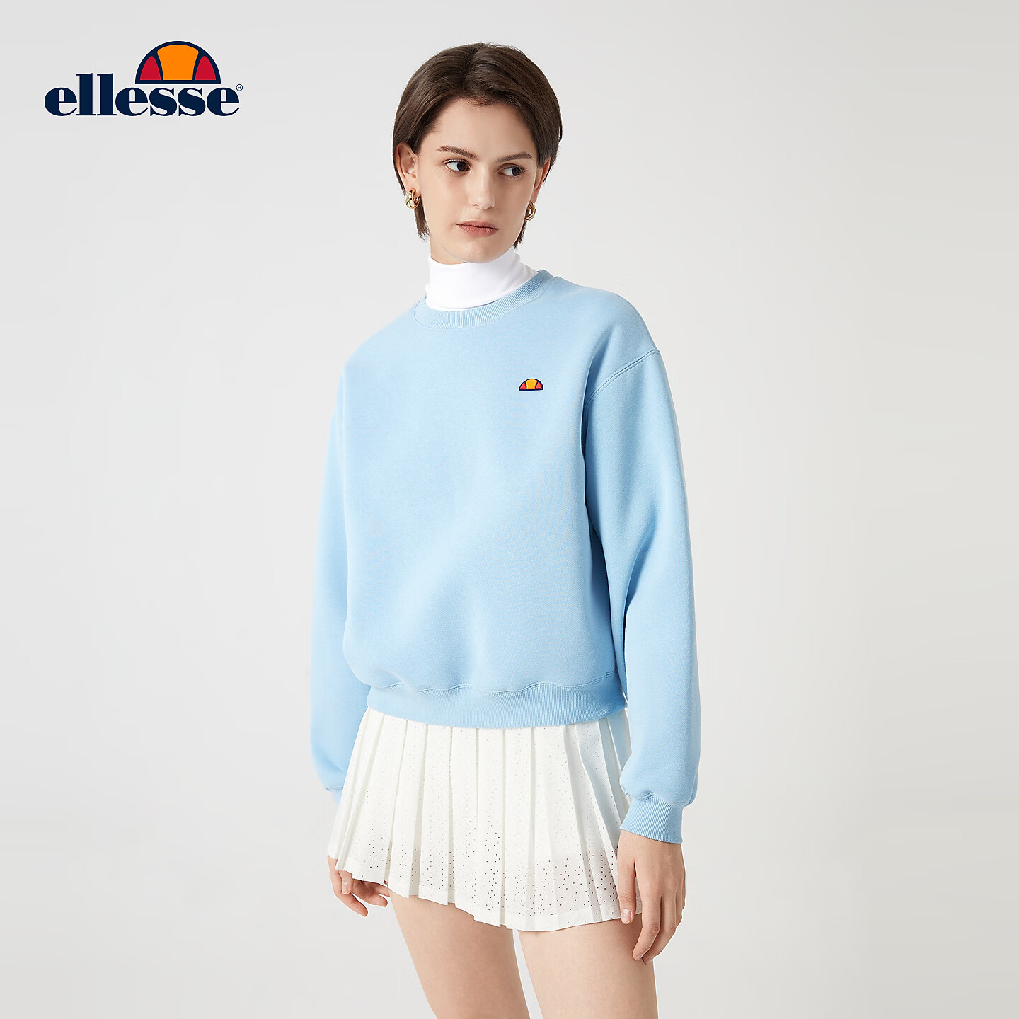 ellesse小贝壳秋季新款圆领卫衣女加厚运动套头衫薄绒休闲上衣 淡蓝色 XL
