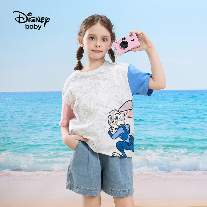 迪士尼（Disney）童装男女童纯棉短袖t恤2026夏新款疯狂动物城印花宽松上衣打底衫 粉蓝 120 高115-125cm重40-50斤