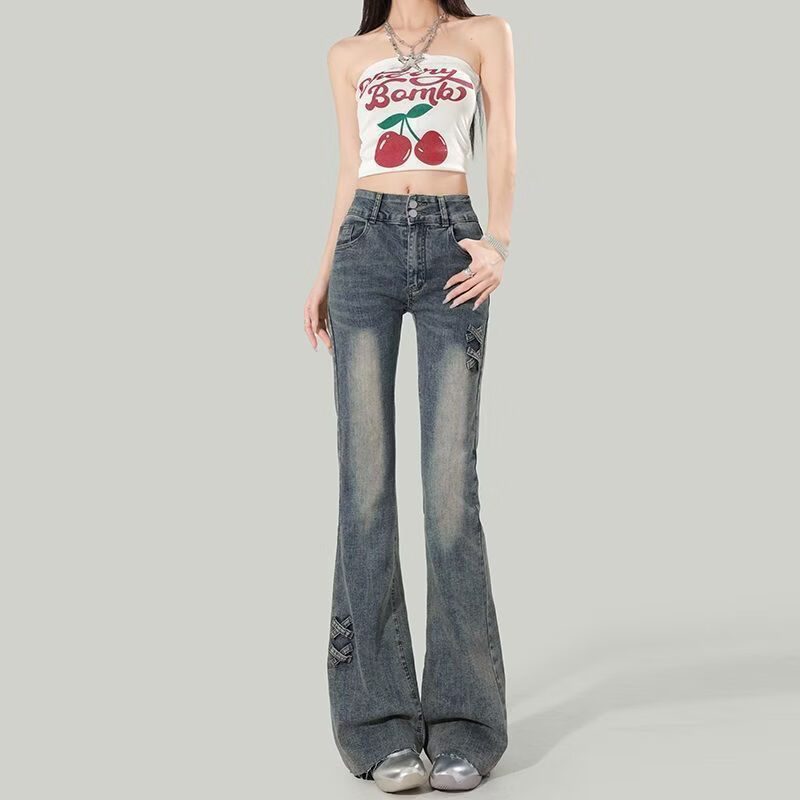 蝴蝶曼复古刺绣微喇牛仔裤女2026春夏季新款高腰弹力修身显瘦微喇裤子 蓝色 L 【105-115斤】