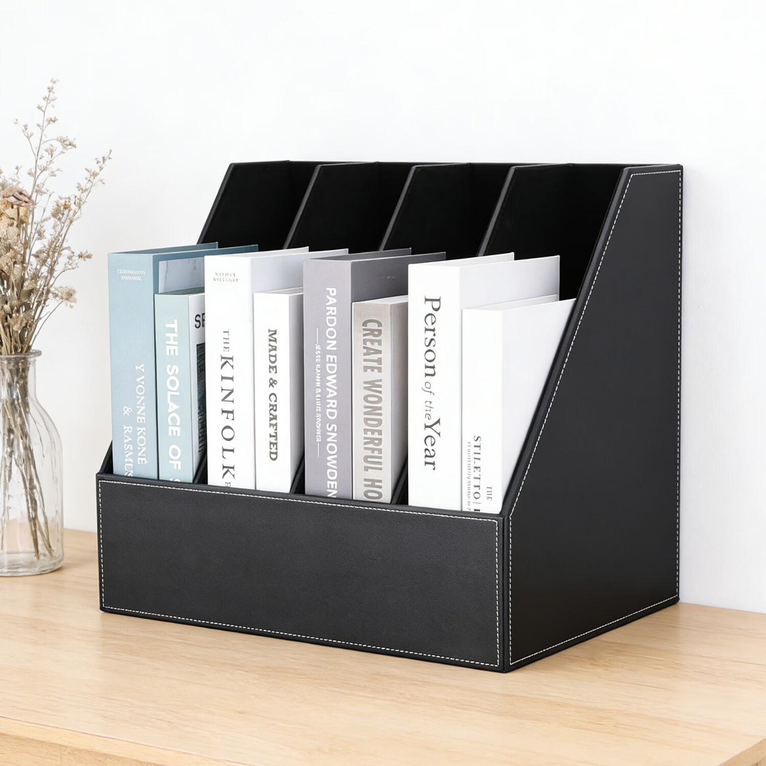 利蓝（LEADLAND）皮革文件架文件筐四联文件框资料夹架档案架立式文件置物架办公室书立办公用品 黑色1445