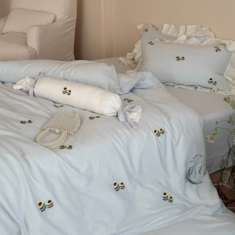 ROLAND LIVE全棉皱皱纱春夏新款四件套简约少女心被套床单透气床上用品套件 LB 全棉皱皱纱套件-夏日浅梦蓝色 1.2米床 床单款 【被套150*200cm】