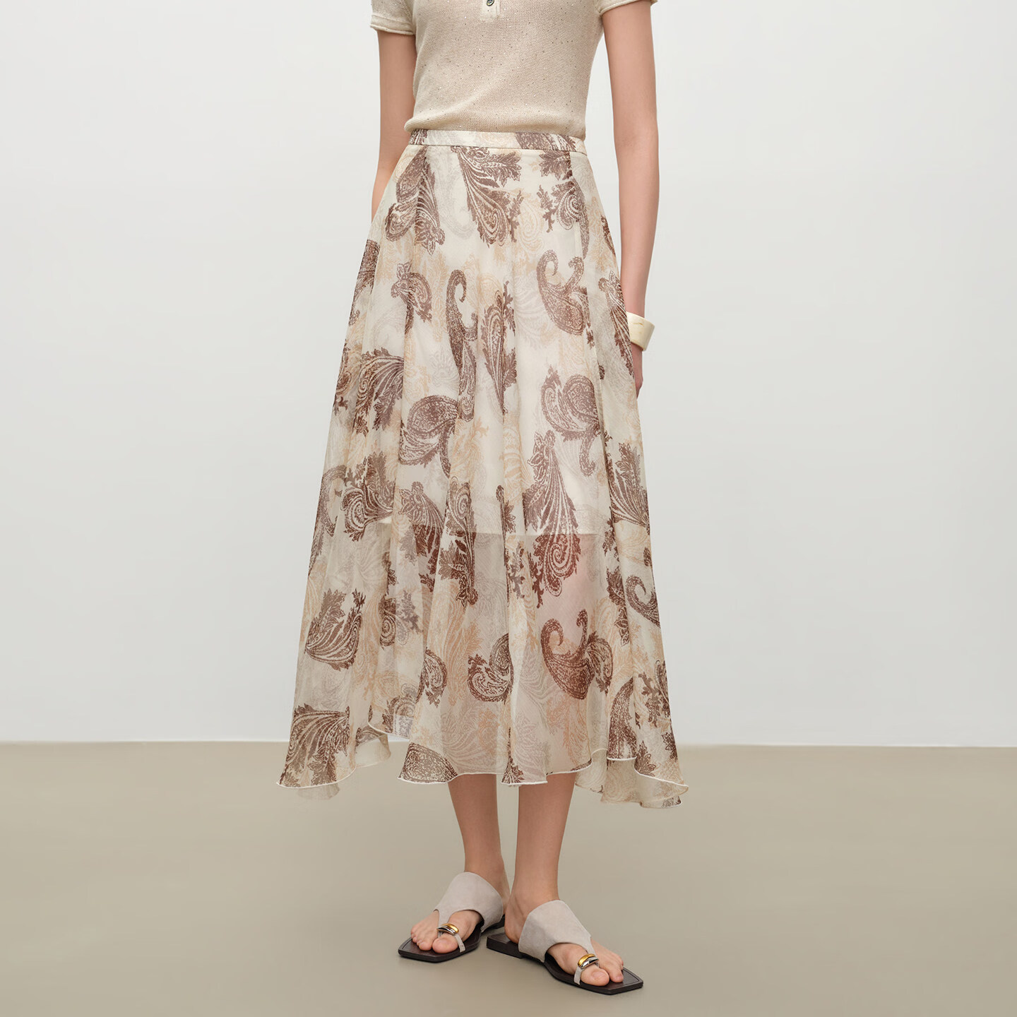 自巧小个子度假风腰果印花半裙雪纺A型中长款伞裙女2026夏季新款 腰果印花 XXS （尺码：1）