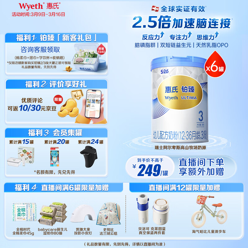 惠氏（Wyeth）铂臻进口DHA幼儿配方奶粉3段（12-36月）780g*6罐