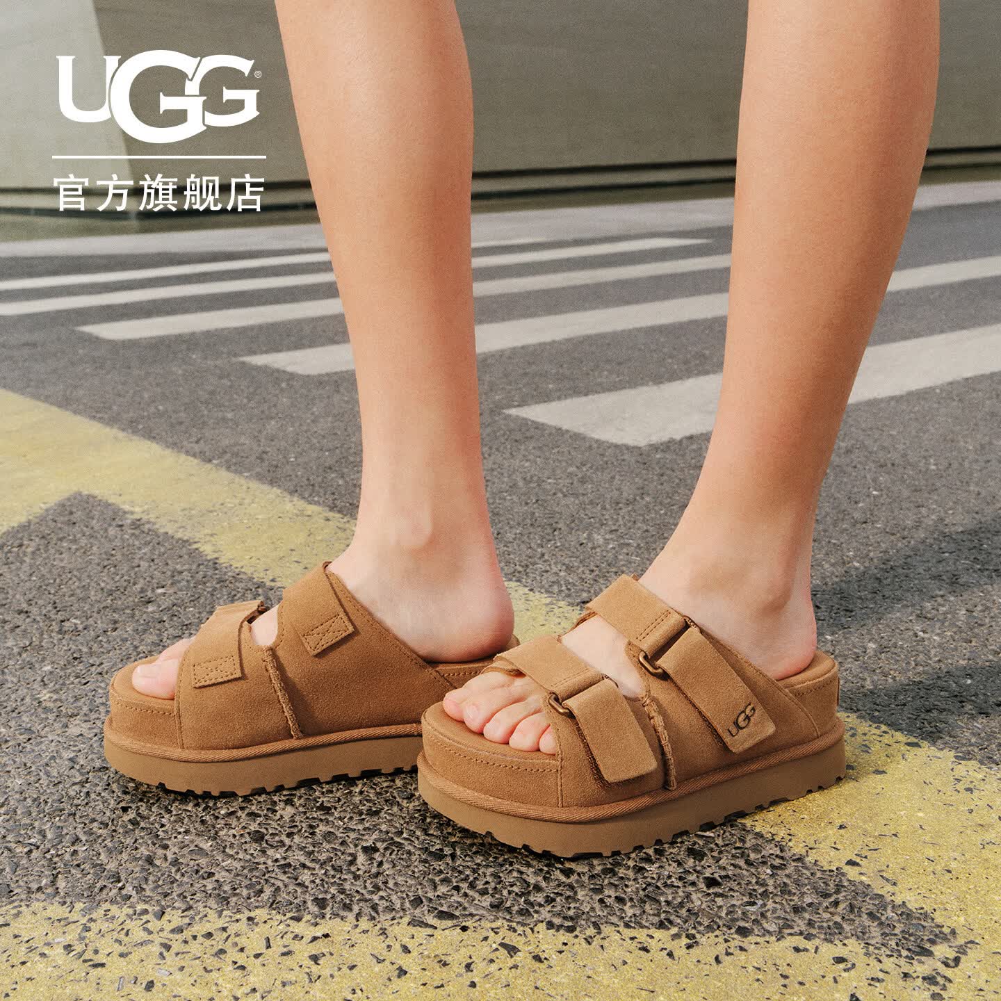 UGG夏季女士时尚舒适纯色厚底露趾可调式束带休闲凉拖鞋 1155458 CHE | 栗色 38 建议正码正拍