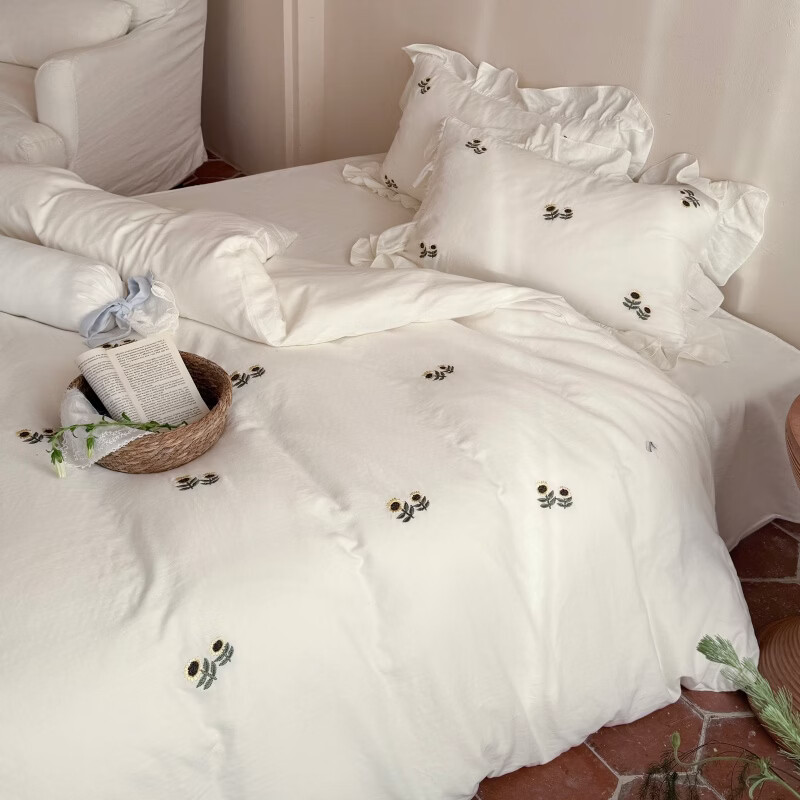 ROLAND LIVE全棉皱皱纱春夏新款四件套简约少女心被套床单透气床上用品套件 LB 全棉皱皱纱套件-夏日浅梦白色 1.2米床 床单款 【被套150*200cm】