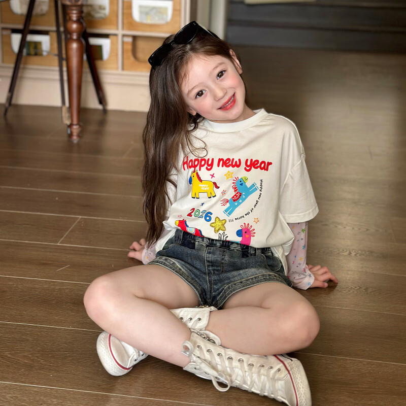 栀了成长记童装女童宽松假两件上衣2026春季儿童圆领休闲长袖T恤 深蓝色 短裤 110 cm