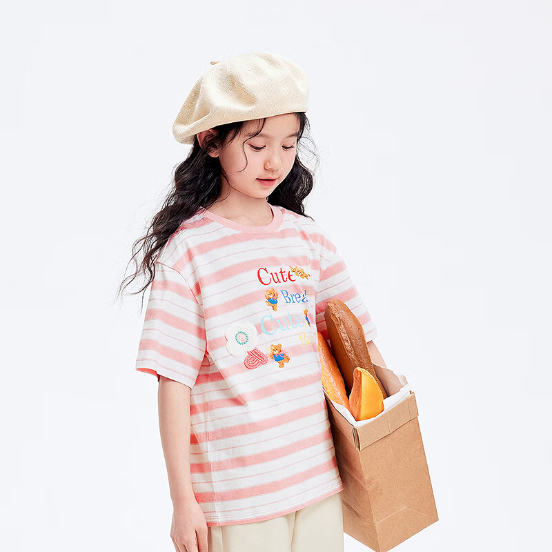 巴拉巴拉儿童短袖女童男童t恤夏装中大童甜美木耳边条纹上衣 本白10101-208225117030 140