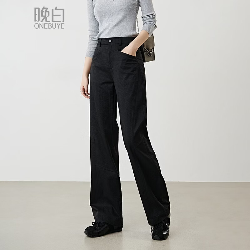 晚白2026年春经典高腰黑色裤子立体分割四面显瘦挺括有型窄版阔腿裤女 黑色 27