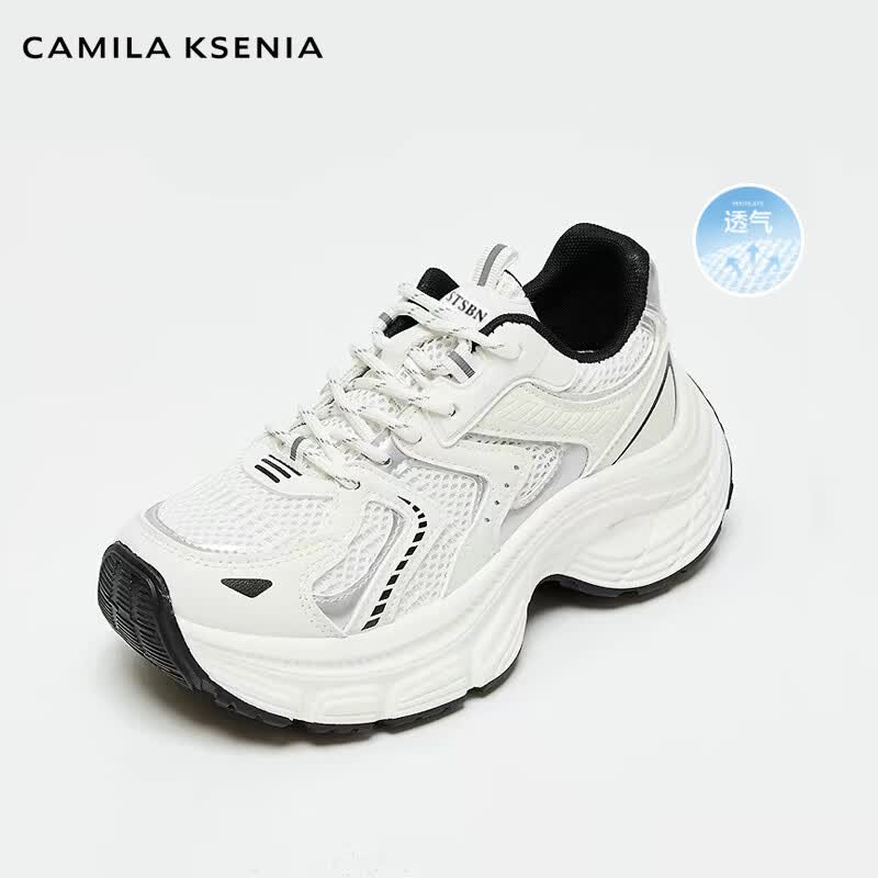 CAMILA KSENIA老爹鞋女士2026新款夏季时尚高档厚底网面透气小白休闲百搭运动鞋 米白色 38