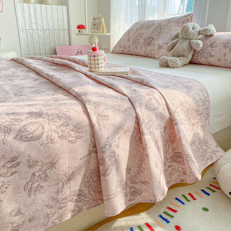 雅鹿加厚老粗布床单单件100原棉亚麻床罩学生宿舍被单三件套单人 木槿 单床单230*240cm